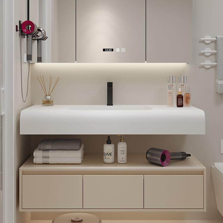 全木圆弧肤可丽耐一体盆浴室柜桉组合卫生漱间感630洗台奶油风