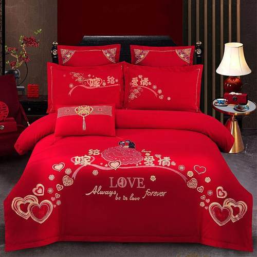 婚刺绣婚庆四件套婚床新婚时房结婚上用pxx1002品龙凤大红喜床被