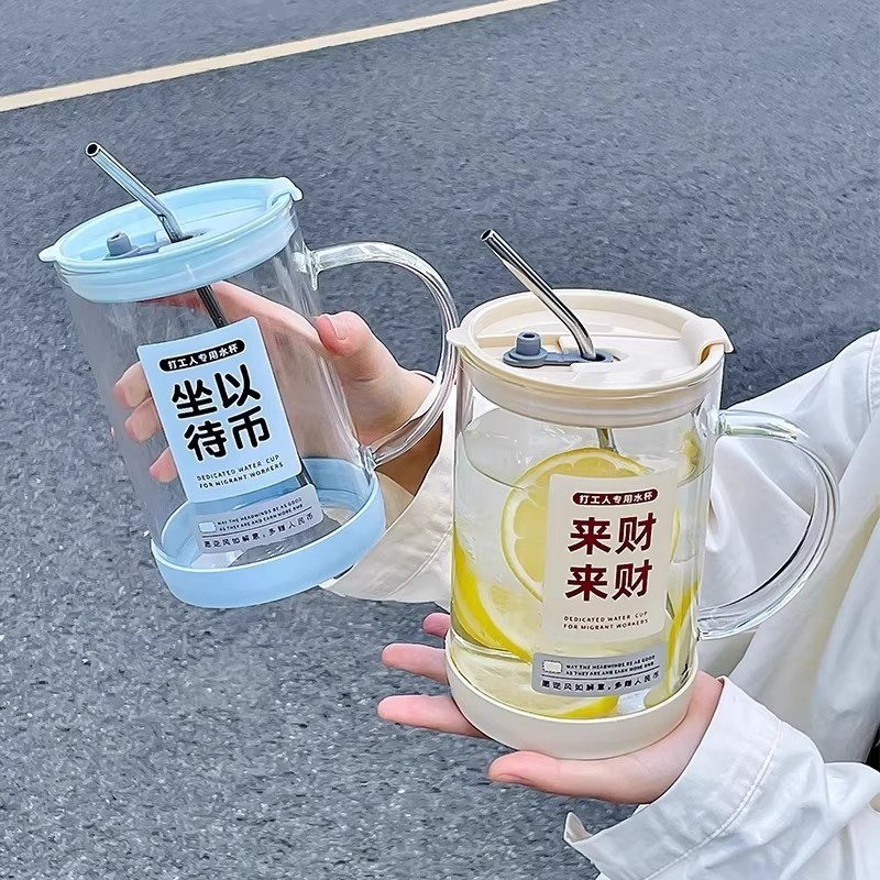 玻璃杯大容量1000ml高硼硅泡茶杯女办公室家用喝T水杯子吸管杯新