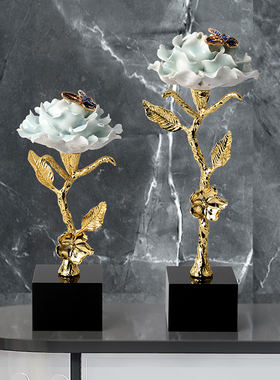 新中式轻奢高档纯铜花朵s摆件客厅电视柜办公室装饰品创意乔迁礼