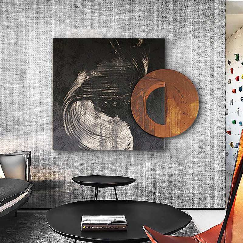 后现代手工装饰画圆方客厅双拼橙色装置艺术样板间挂画现代简约
