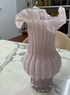 法式百褶花口花瓶插花紫色条纹身中古芬顿琉璃花器婚庆装饰摆件