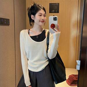 大码女装胖mm穿搭慵懒风显瘦假两件拼接撞色小众上衣ak1