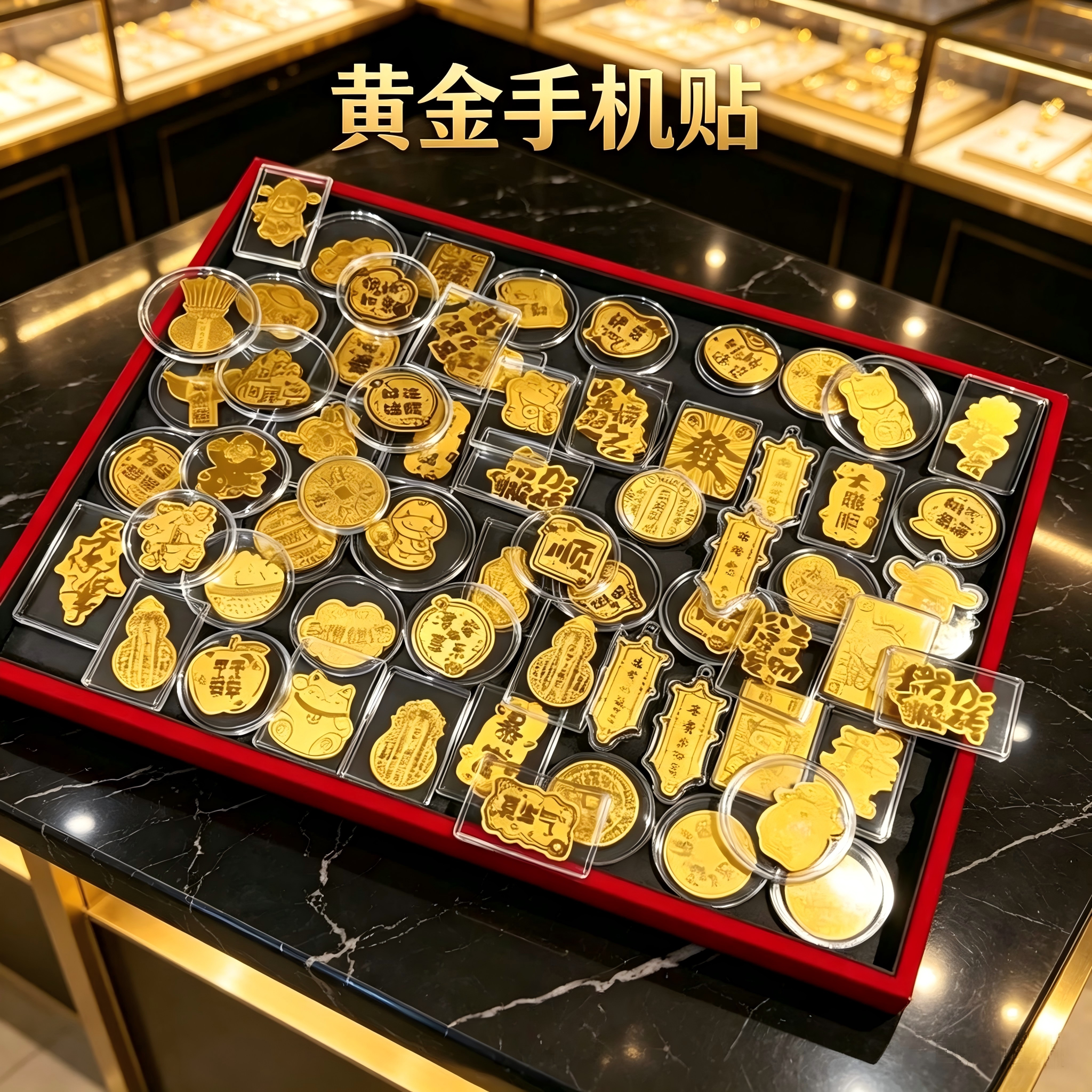 财神黄金手机贴含足金999平安暴富公主请发财招财猫小贴纸可定制