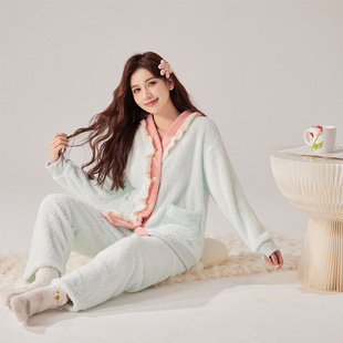 冬季绒款睡衣简约甜美休闲开衫家居服女珊瑚绒冬天长袖套装可外穿