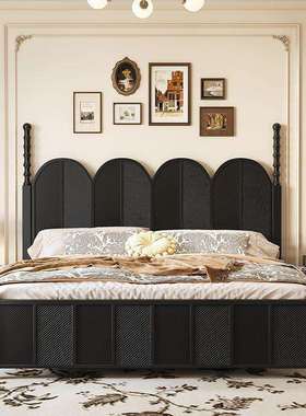 复古实木床黑色简约主卧1.5米1.8双人大床法式轻奢实木床经济型