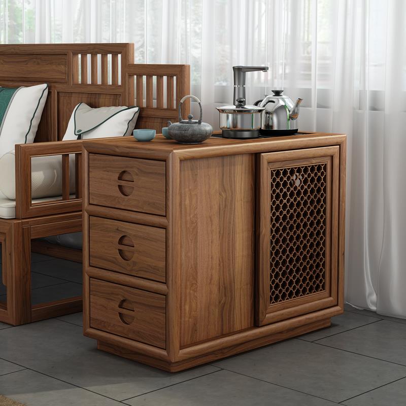 A9L新中式移动茶水柜烧水壶一体家用老榆木办公室实木沙发侧边柜