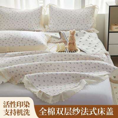 A类全棉双层纱床盖三件套纯棉提花夹棉夏凉被床单榻榻米垫子床罩1