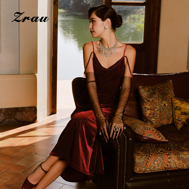 秋冬新款丝绒V领中长裙女