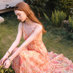 ZRAU【商场同款】轻奢碎花吊带连衣裙2026夏季新款减龄气质中长裙
