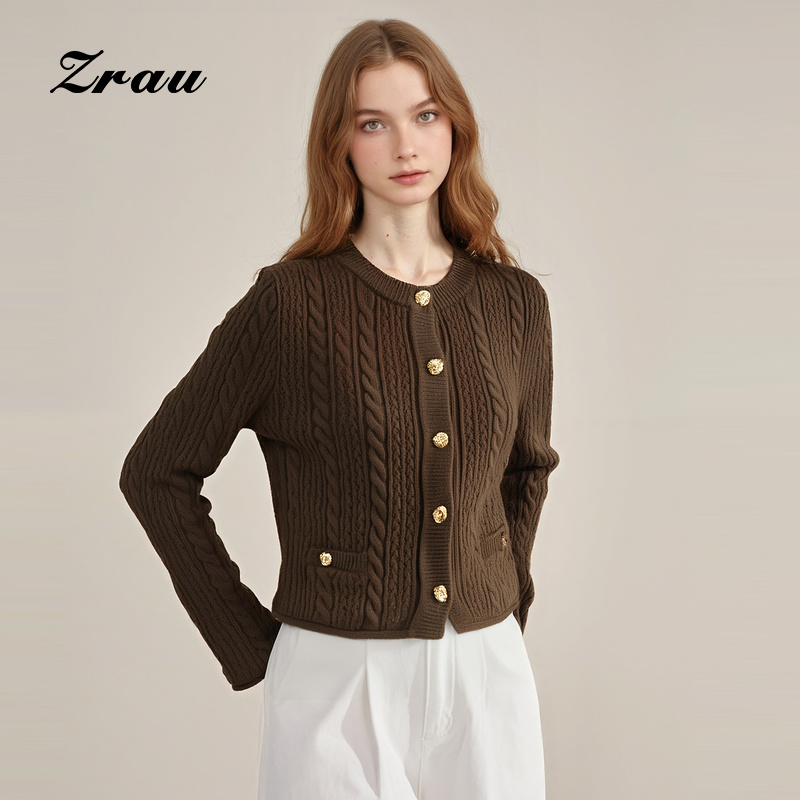 单排扣长袖圆领毛织开衫