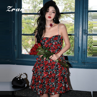 印花吊带不规则连衣裙女
