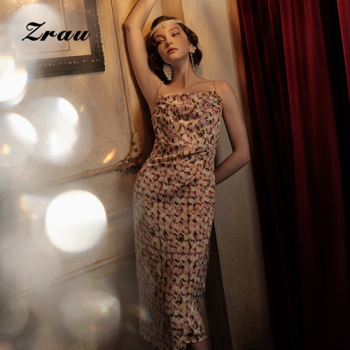 【直播限定】ZRAU优雅时尚气质印花吊带连衣裙Z1243L0042