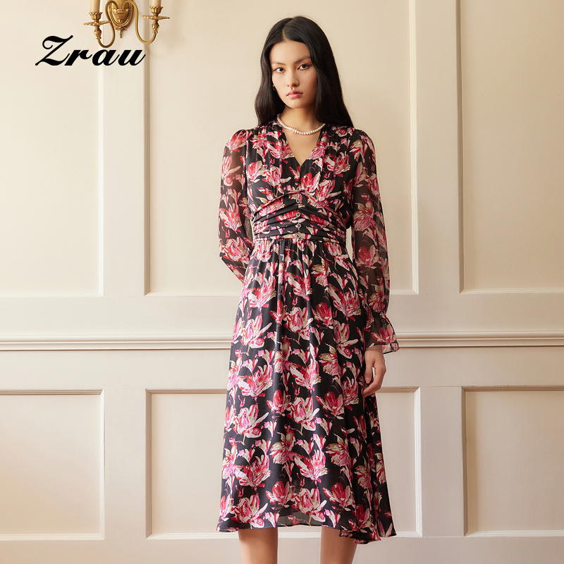 气质假风印花V领连衣裙