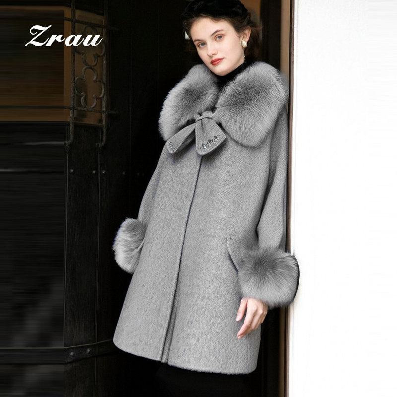 ZRAU【商场同款】冬季新款高级感狐狸毛皮双面呢大衣显瘦气质外套