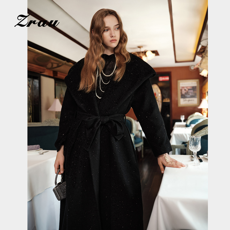 冬季新款连帽收腰绑带大衣