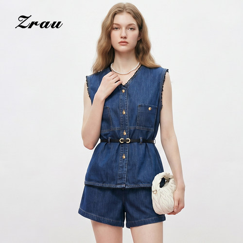 【直播限定】ZRAU夏季复古风牛仔马甲+短裤套装—Z2252T0003-A