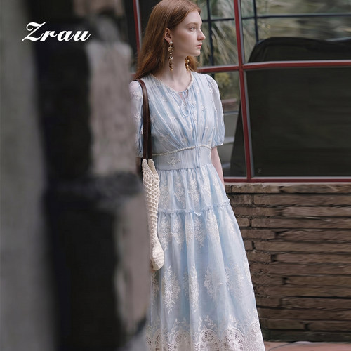 【直播限定】ZRAU夏季甜美蕾丝刺绣泡泡袖连衣裙—Z2252L0026