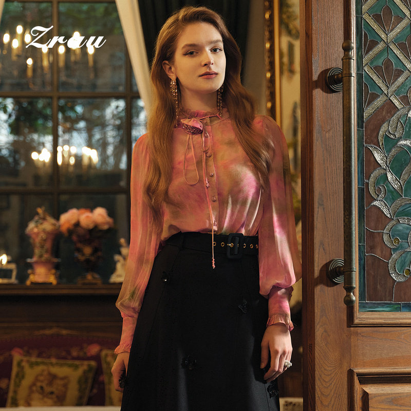 ZRAU优雅时尚印花长袖上衣2026春季新款精致洋气桑蚕丝100%小衫,女装/女士精品,衬衫,淘宝优惠券,粉丝福利购,淘宝优惠卷