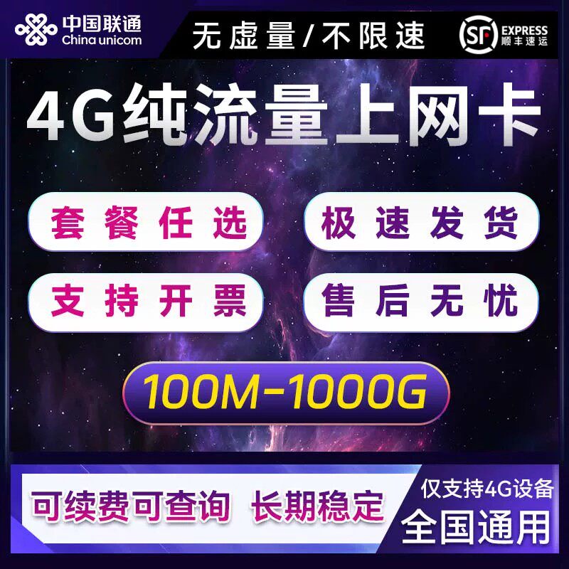 纯流量上网卡4g无线不限速流量卡累计卡全国通用年卡12G24G宽带