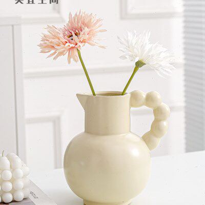 法式串珠提手花瓶奶壶花瓶陶瓷简约高级鲜花花瓶客厅餐桌插花花器