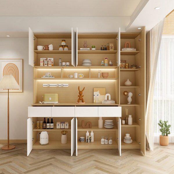 现代奶油风餐边柜酒柜高柜一体靠墙实木厨房柜客厅储物柜简约定制