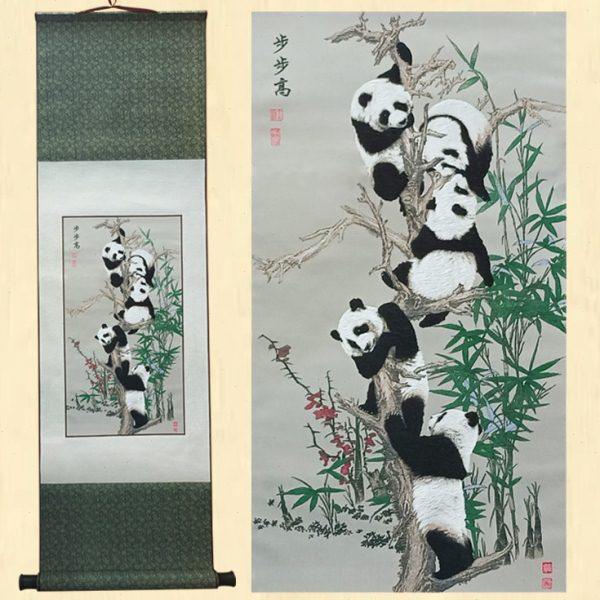 四川非遗刺绣五子登科熊猫挂画桑蚕丝蜀锦手工蜀锦中国风外事礼品