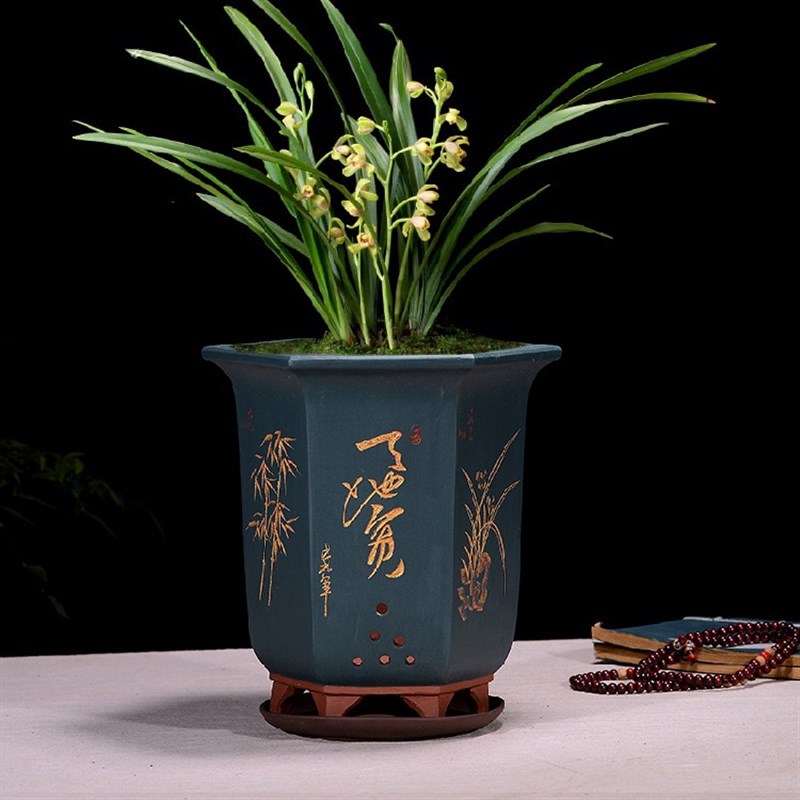 精品紫砂花盆兰花盆手工刻绘六方君子兰盆兰草花盆带托盘兰花