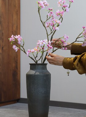 中古风家居摆件纯手工陶瓷花瓶黑色落地瓷瓶客厅玄关插花器