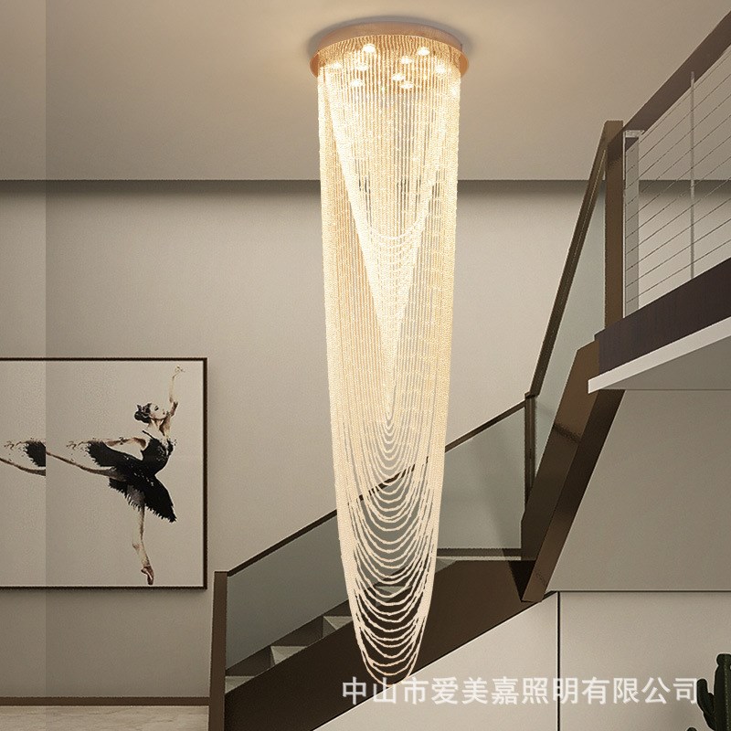 楼梯吊灯欧式水晶灯复式楼别墅客厅灯大气轻奢餐厅旋转楼梯间长灯