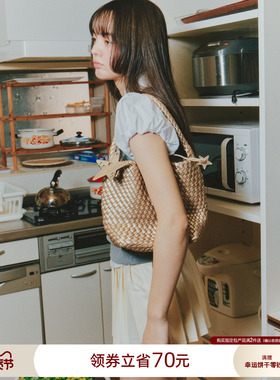 ECODAY秋冬季编织托特包小号香槟色小包通勤手提单肩包女红色婚包