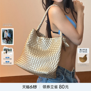 ECODAY中号春夏原创设计编织包通勤旅游托特包手提单肩包女香槟色