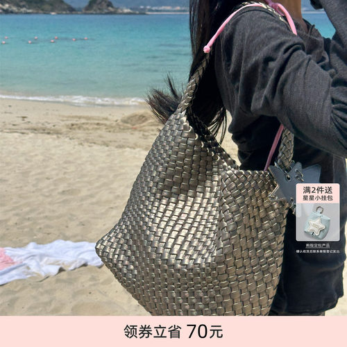ECODAY中号春夏原创设计编织包通勤旅游托特包手提单肩包女香槟色