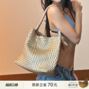 原创设计编织包通勤旅游托特包手提单肩包女香槟色 ECODAY中号秋季