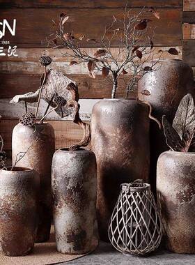 复陶HWH瓷花瓶客厅插花摆古件大号落地陶罐粗花土陶干花装饰现代