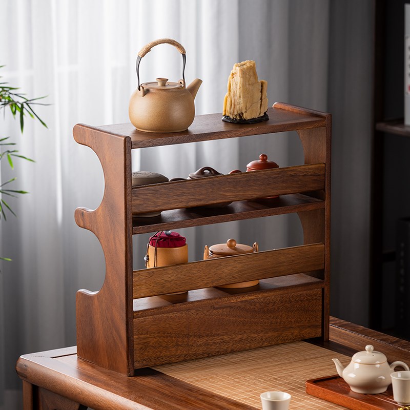 胡桃木桌面茶壶架办公室小博古架C茶杯架茶具置物架茶室茶桌收纳