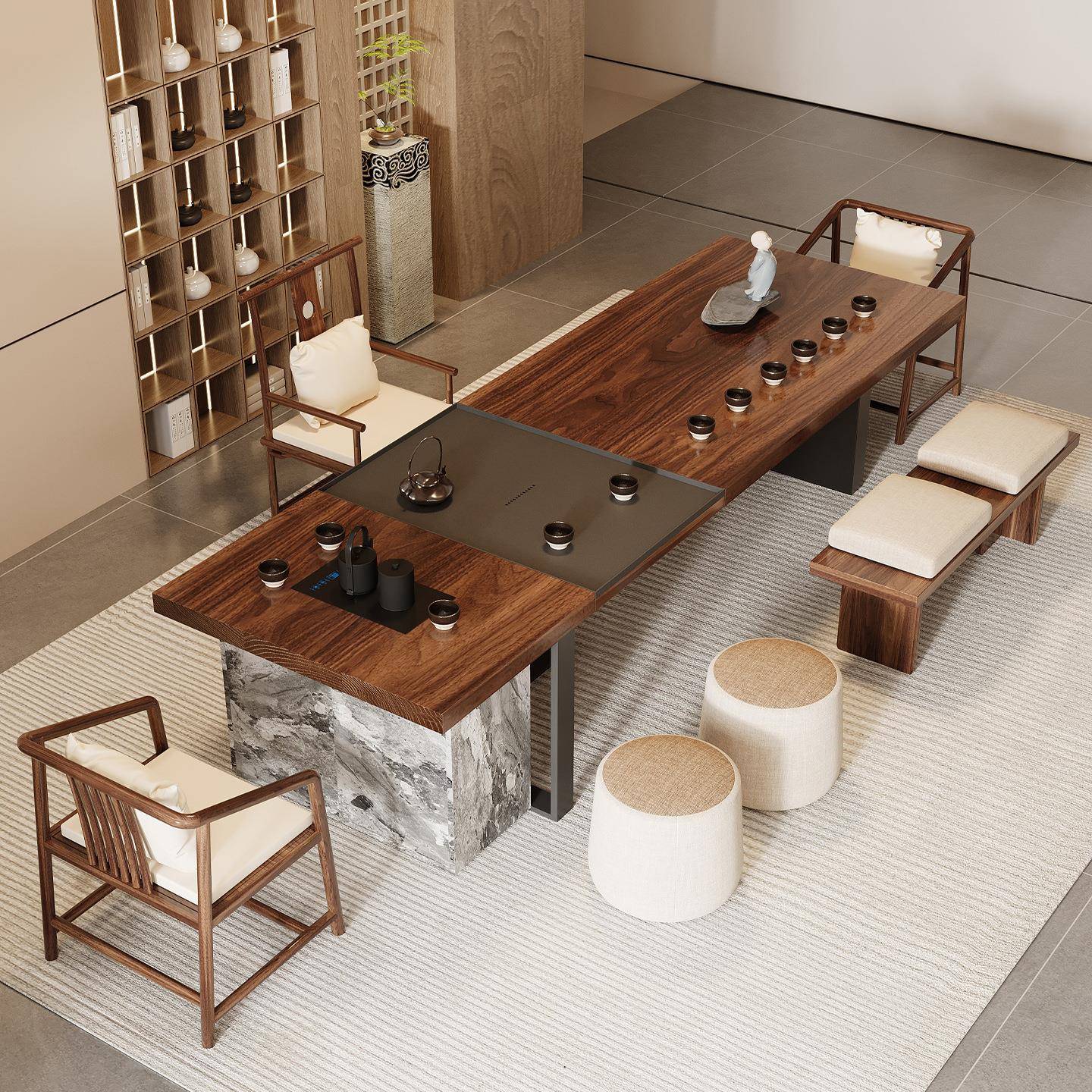 新中式宋美ZCK学胡桃木台办公岛茶桌椅组合代新中家用式客厅泡茶