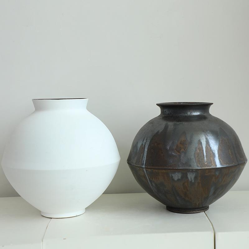 FQV花瓶摆件轻色客厅插花奢高级古感水培鲜花白月亮罐黑金属复花