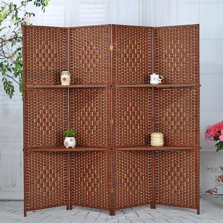 现代双隔板简约实木屏墙风隔断客厅酒藤编折屏移店动隔墙屏风玄断