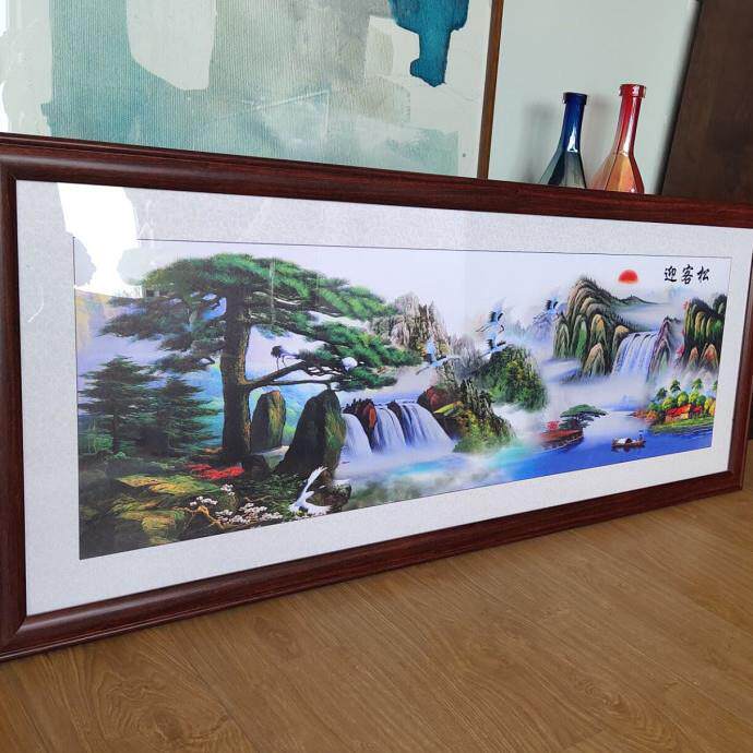 流水生山水画有框财客厅装饰画办公室EBI迎客松成挂画沙发景背墙