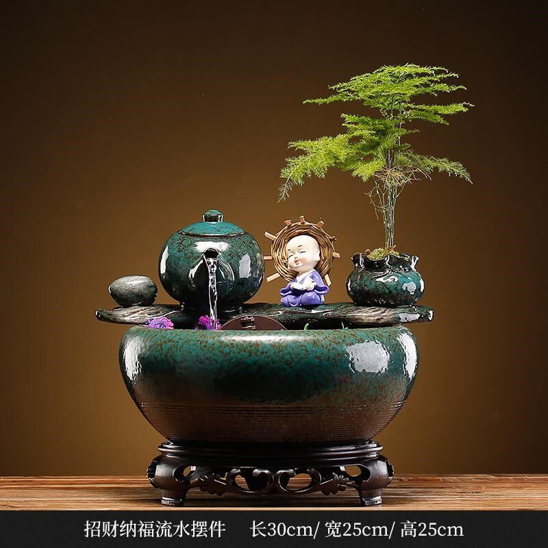 迷你小型a玻璃鱼缸自循环陶瓷流水招财客厅办公室桌面摆件开业礼