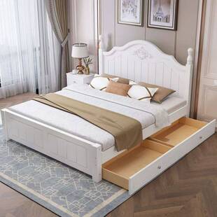 美式白色实木床1.8米现代简约1.5m单双人气压储物奶油风卧室婚床