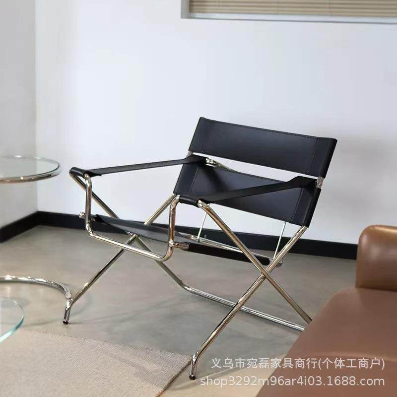 不锈钢折叠沙发椅设计师单人椅靠背复古马鞍皮瓦西里中古休闲椅子