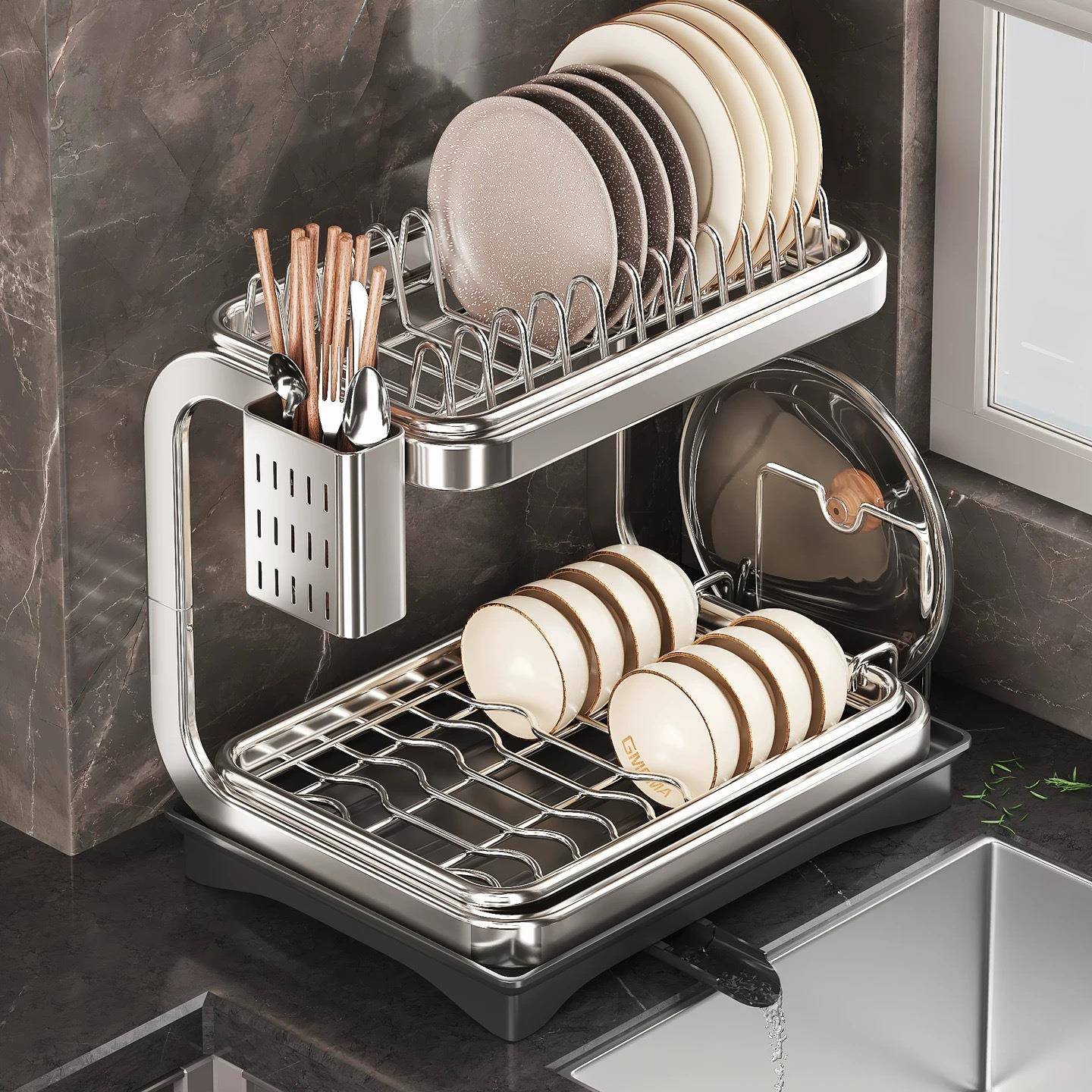 跨境不锈钢碗碟收纳架沥水架厨房置物架碗架放碗筷柜碗盘家用碗盘