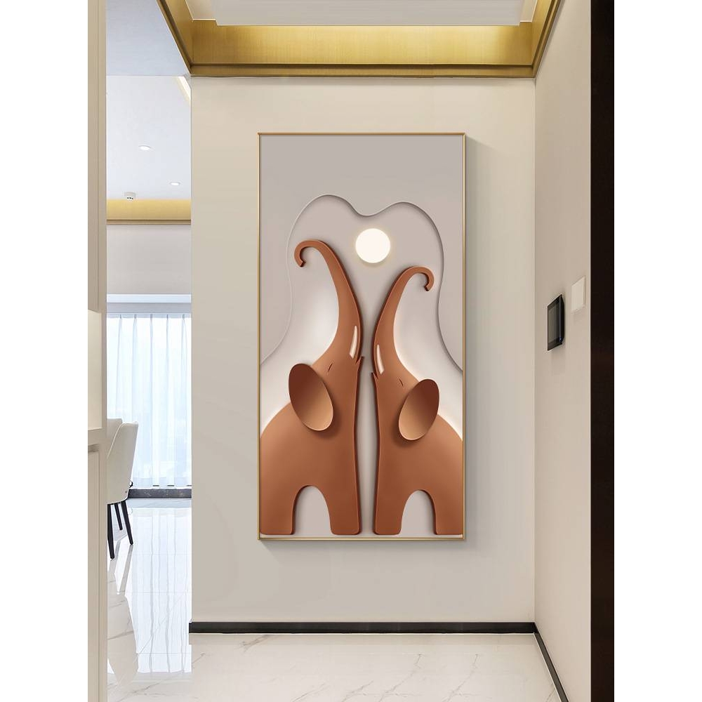 万象更新现代轻奢风玄关装饰画橙色大象挂画入户客厅走廊过道壁画