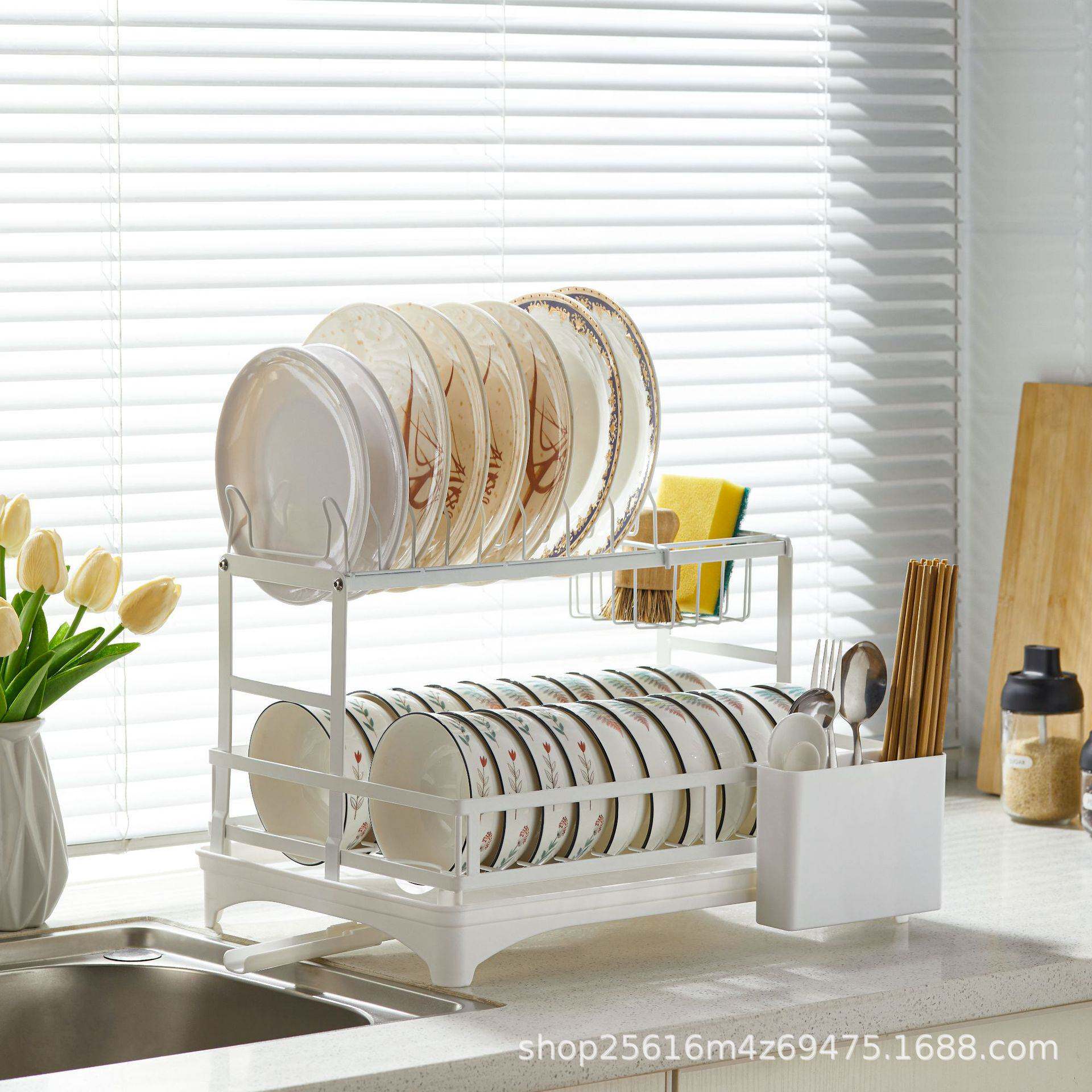 跨境可拆卸铁艺收纳架 厨房带筷子笼接水盘水槽沥水架 碗碟置物架