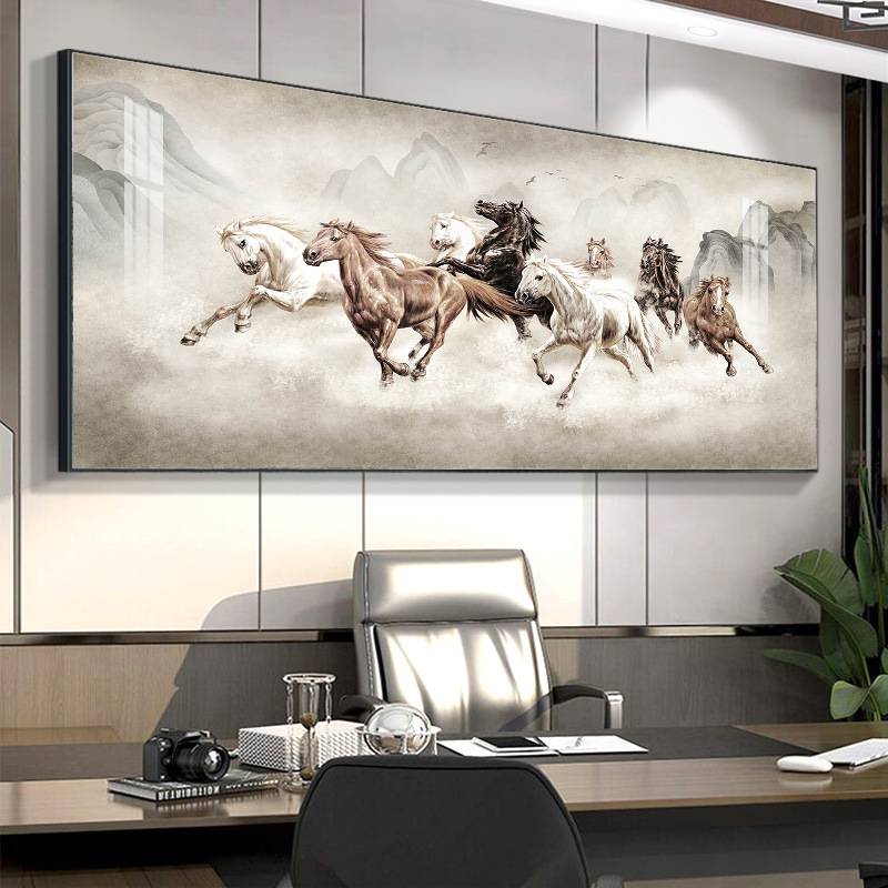 马到成功老板办公室挂画山水字画客厅沙发墙装饰八骏图国画新中式