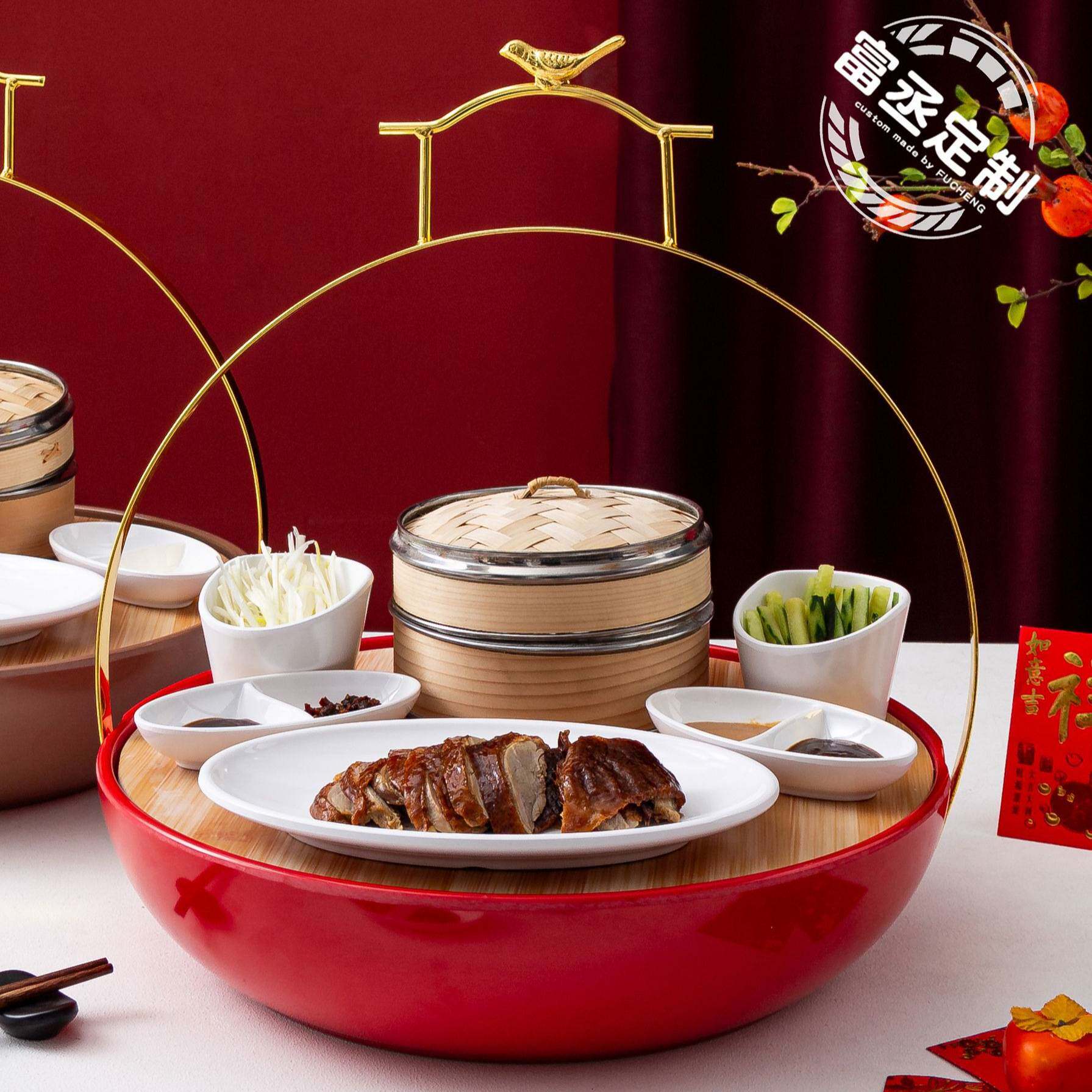 仿瓷北京烤鸭提篮餐具密胺片皮鸭套装盘子中式点心食盒密胺餐具