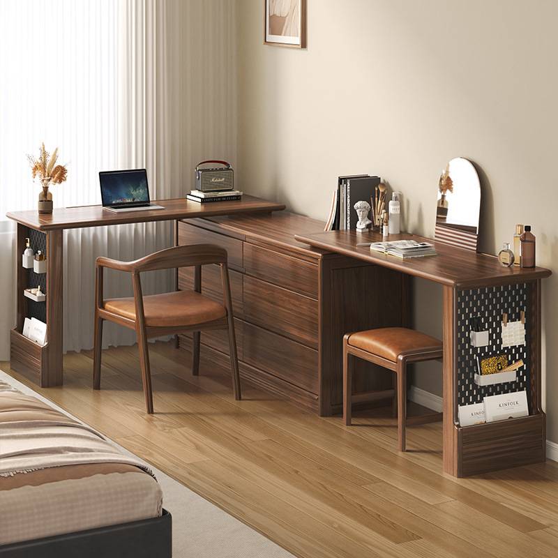 黑胡桃木梳妆台家用简约卧室小户型实木化妆桌斗柜书桌一体组合