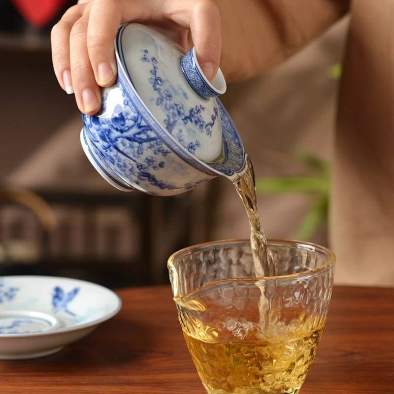 景德镇青花喜上眉梢天地人三才盖碗不烫手泡茶碗家用陶瓷功夫套装